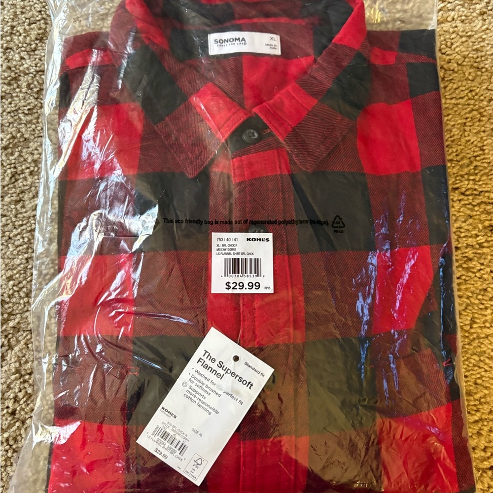 Sonoma Red and Black Buffalo Plaid Button-Down Flannel Shirt